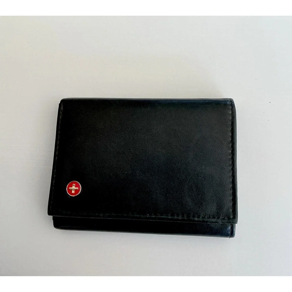Alpine Swiss Trifold Wallet Mens Genuine Black Leather Classic Red Cross Logo